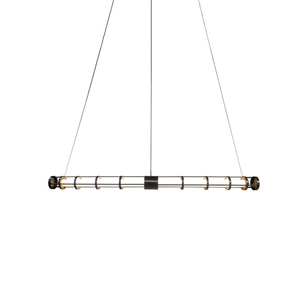 Smaller isolated framing of a black rail-and-ring white tube pendant with circular end caps and thin hanging lines