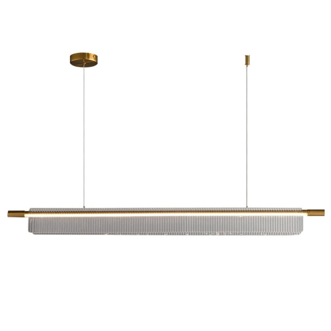 Front view of an illuminated gold-tone linear pendant with clear ribbed acrylic and two ceiling positions on white
