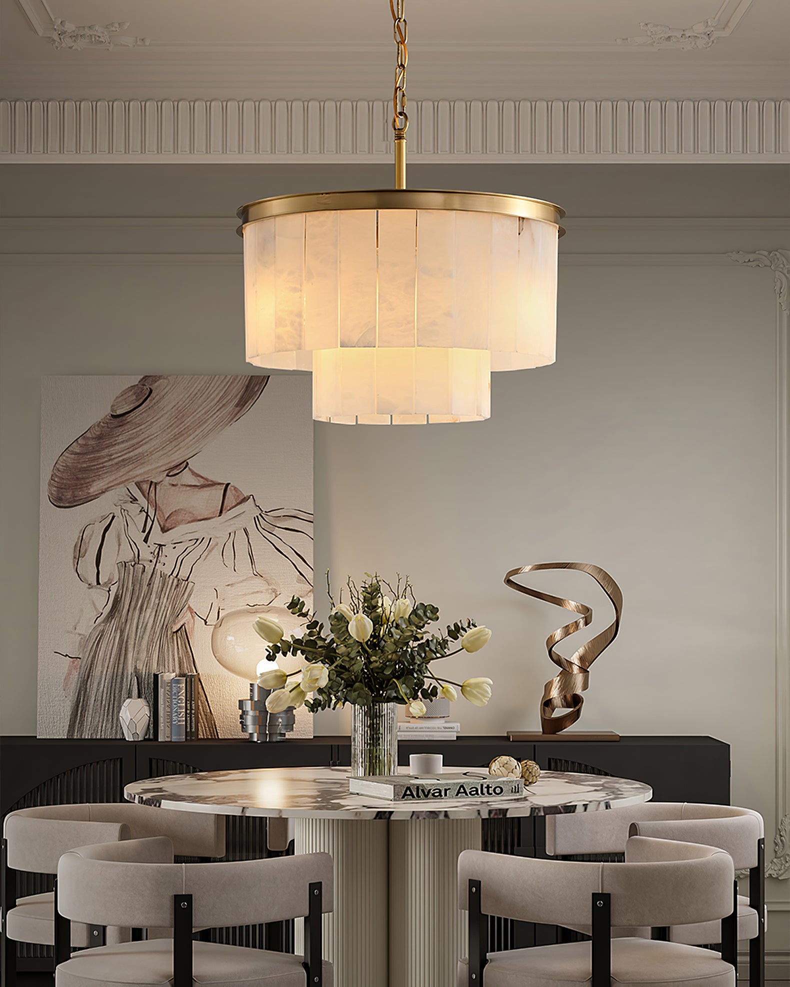 Alabaster multi-layered circular chandelier - Cueteks