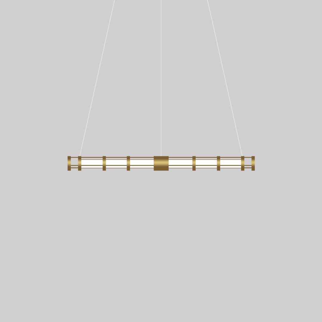 Isolated gold-tone rail-framed white tube pendant with spaced collars, central sleeve and three pale hanging lines