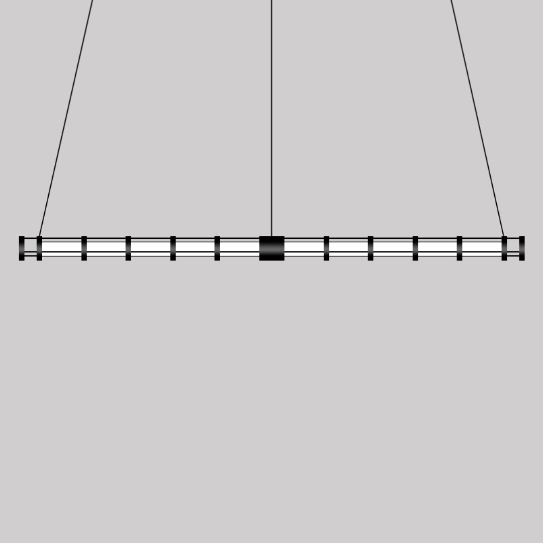 Long black linear tube frame with repeated collars, central sleeve and three hanging lines against gray