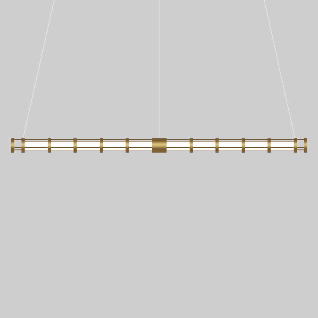 Long gold-tone linear tube frame with repeated collars and a wide central sleeve against a gray background