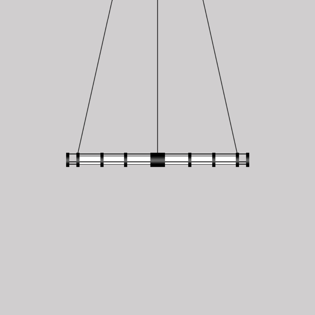 Isolated black rail-framed white tube pendant with spaced collars, central sleeve and three dark hanging lines