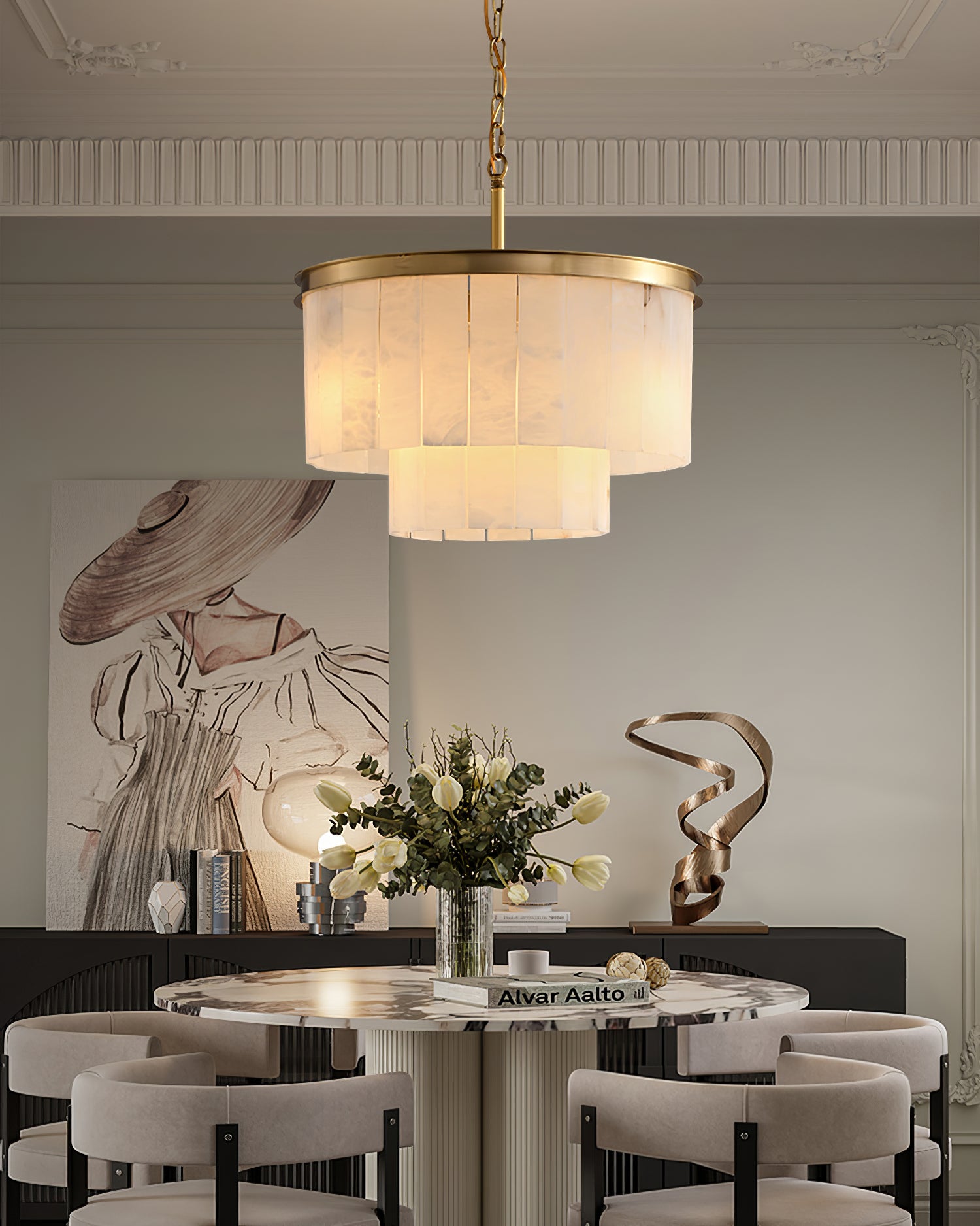 Alabaster multi-layered circular chandelier - Cueteks