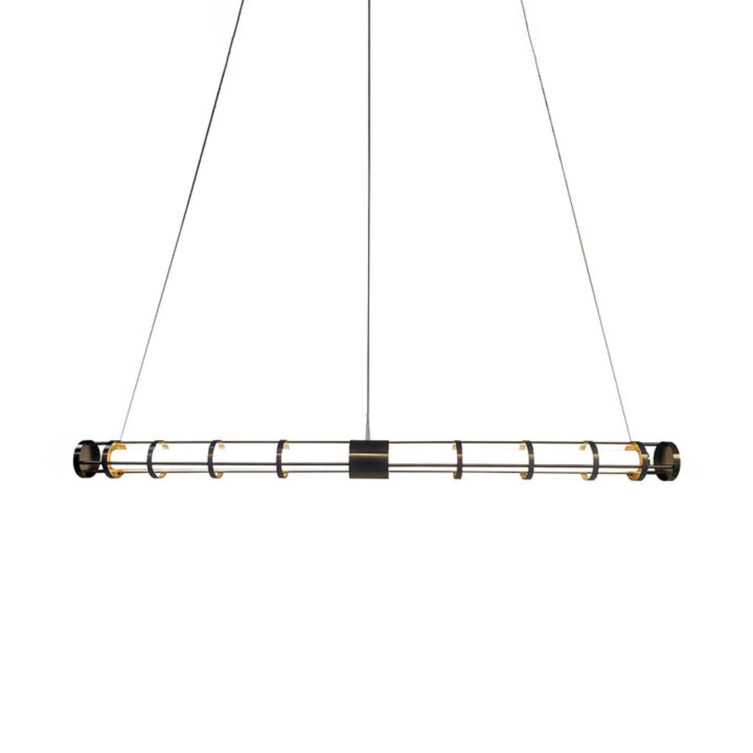 Wide isolated view of a black white-tube pendant with warm metallic inner accents and three suspension lines