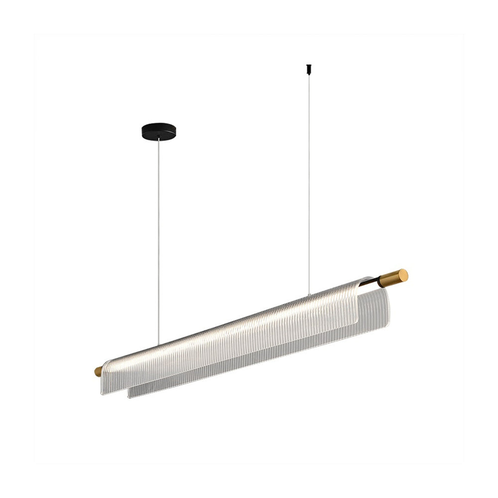 Clear ribbed acrylic pendant with black canopy, gold-tone ends and layered-looking lower edges on white