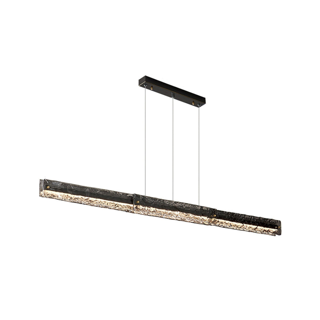 Long dark-framed textured-glass bar suspended below a black rectangular canopy, angled view on white