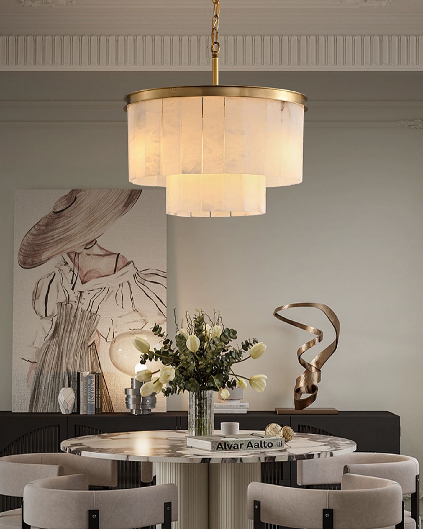Alabaster multi-layered circular chandelier - Cueteks