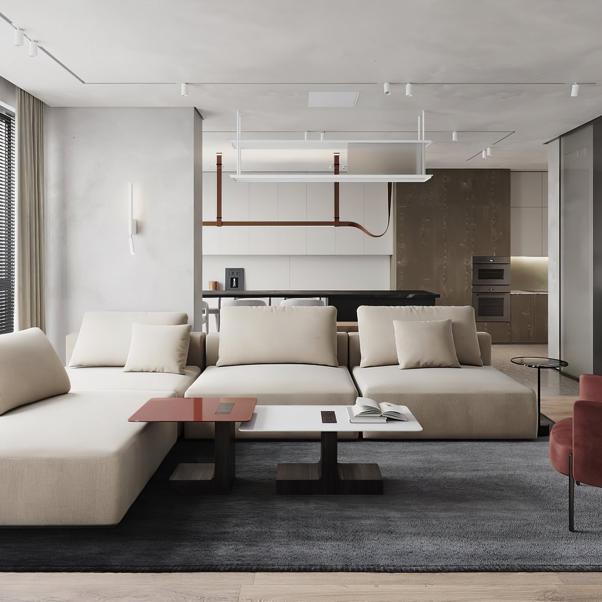 Brown Belt pendant beyond a living-room sofa