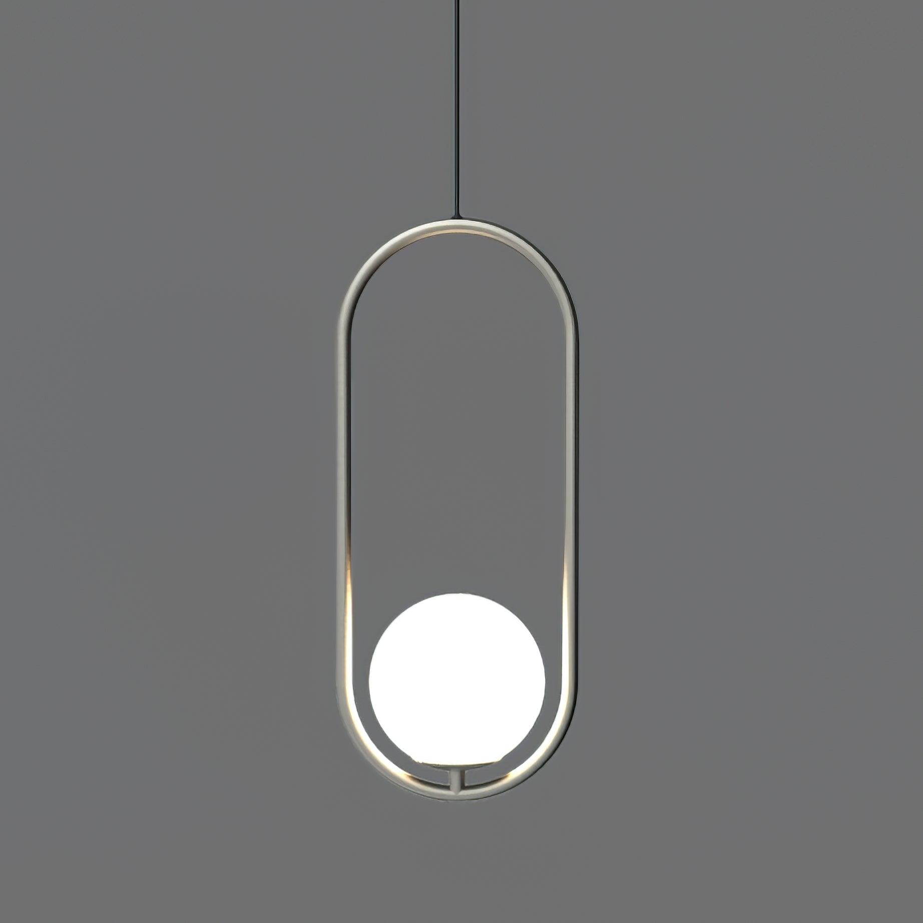 Silver-coloured oval pendant with a glowing white globe and dark suspension cord