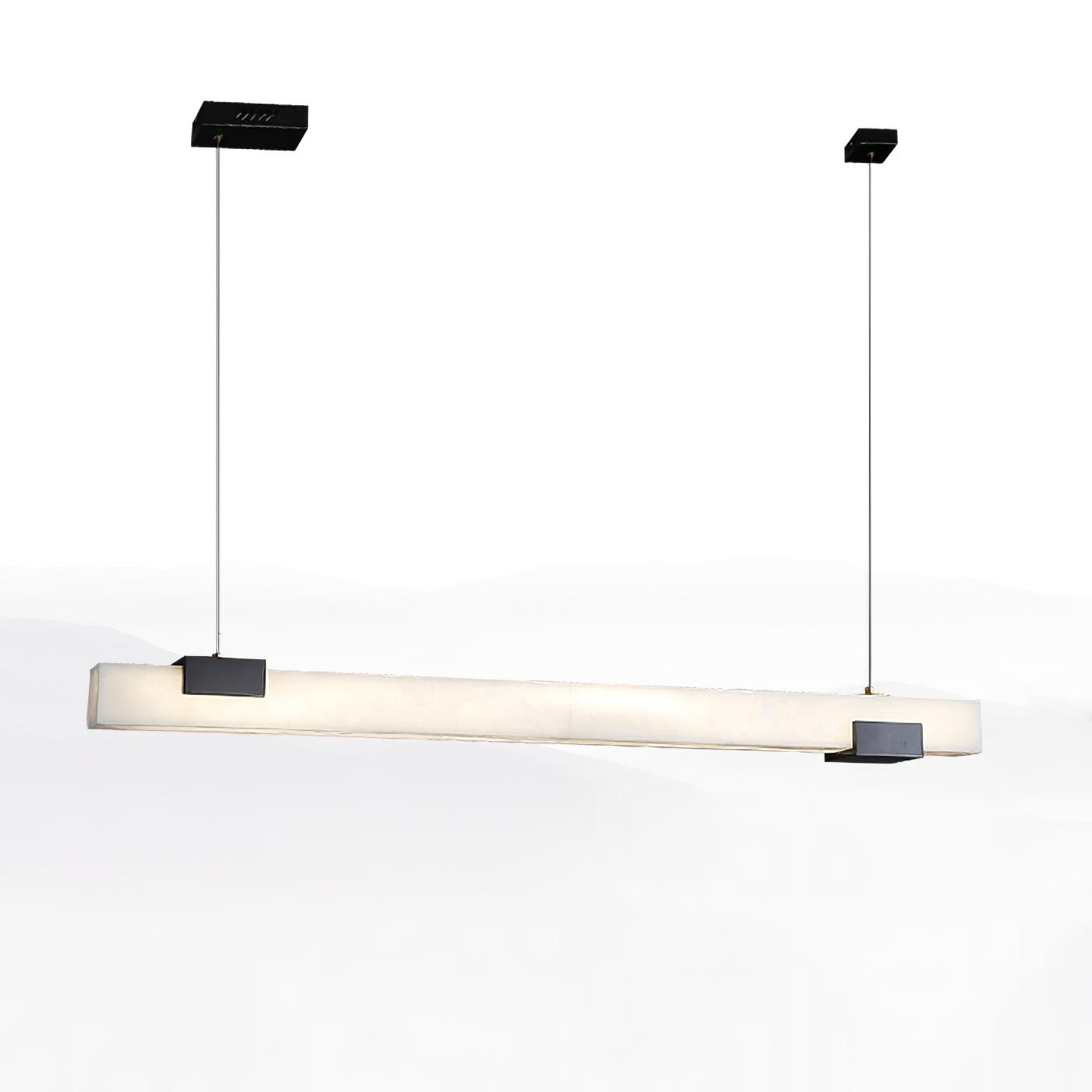 White linear pendant with black rectangular supports and two cable suspension, shown against white