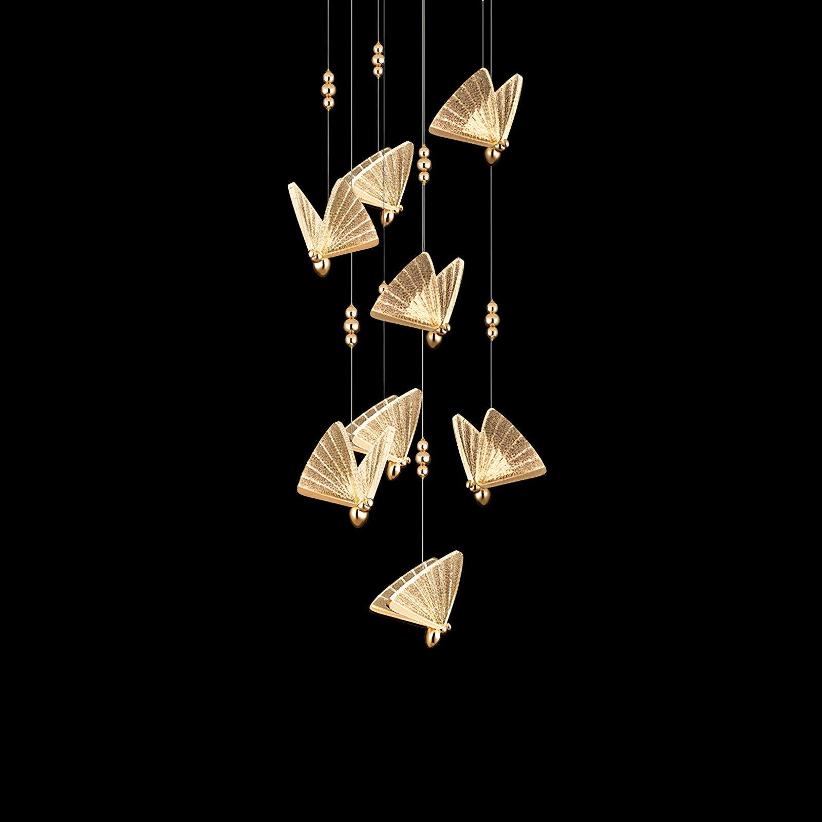 Cascading cluster of illuminated Butterfly light forms with metal bead details