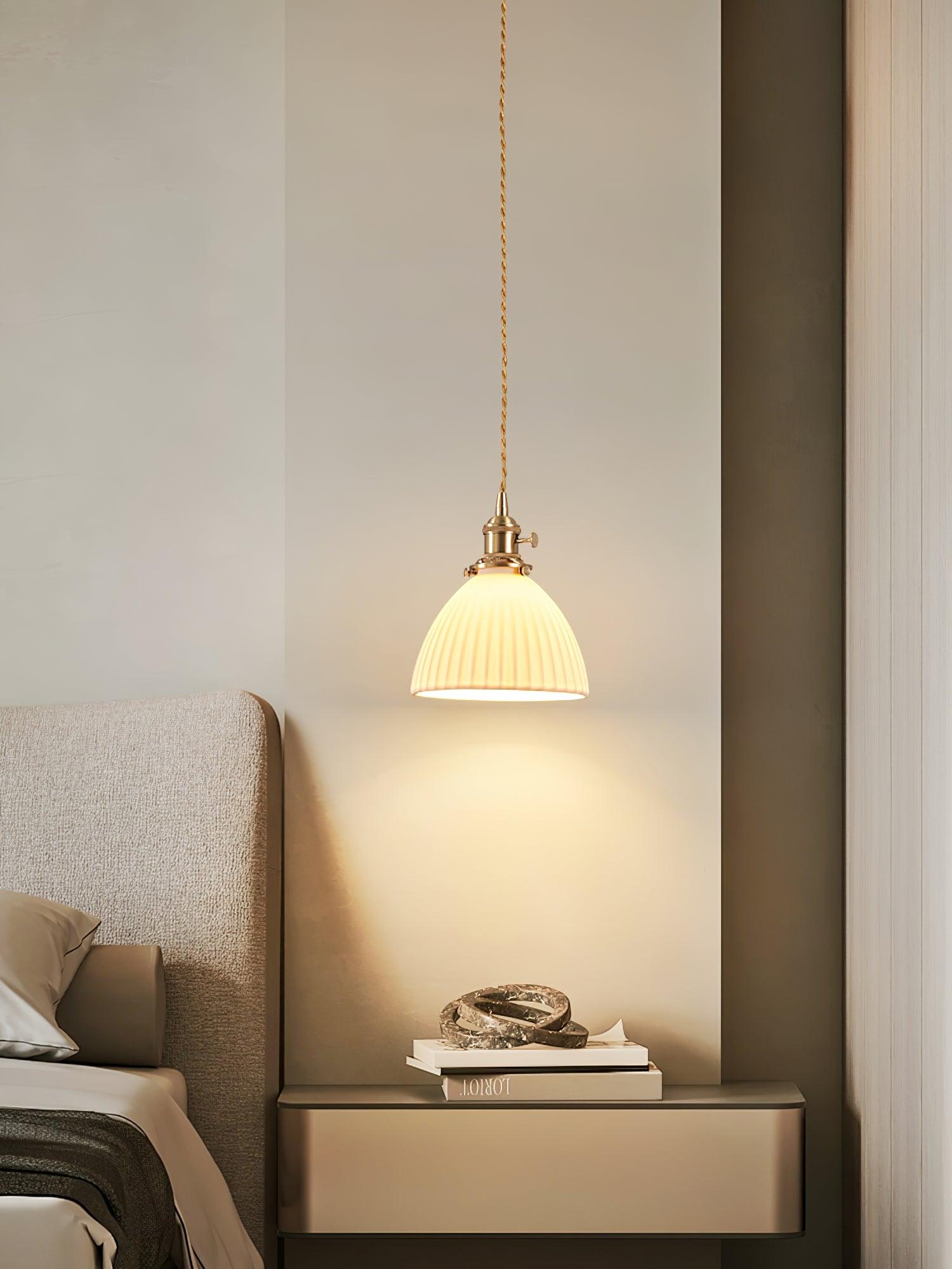 Brass Pleated Ceramic Pendant Lamp - Cueteks