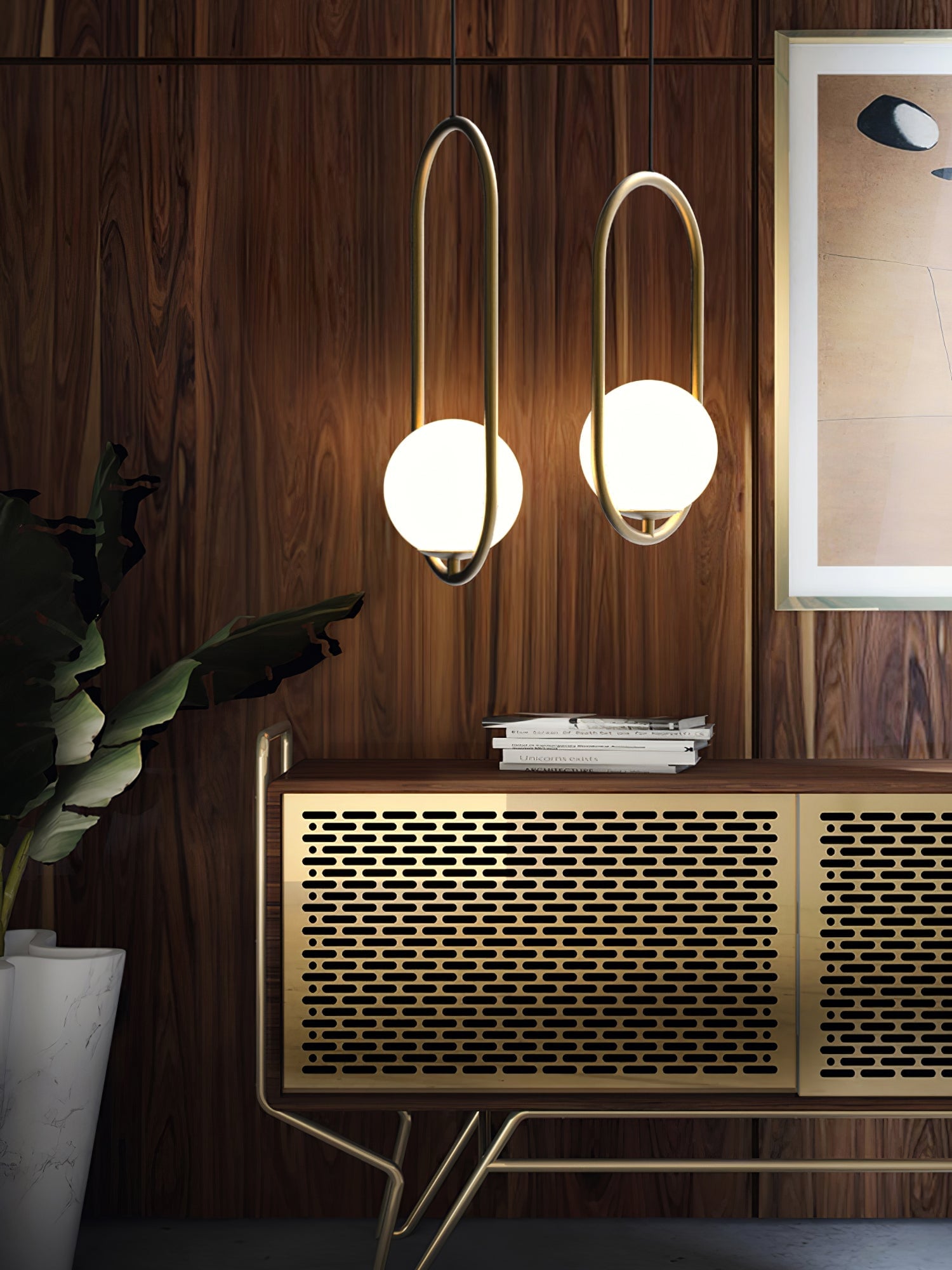 Oval frame pendants above a wooden sideboard