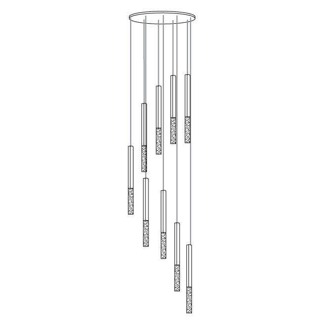 Line drawing of nine staggered pendant shafts with patterned lower tips and a round canopy