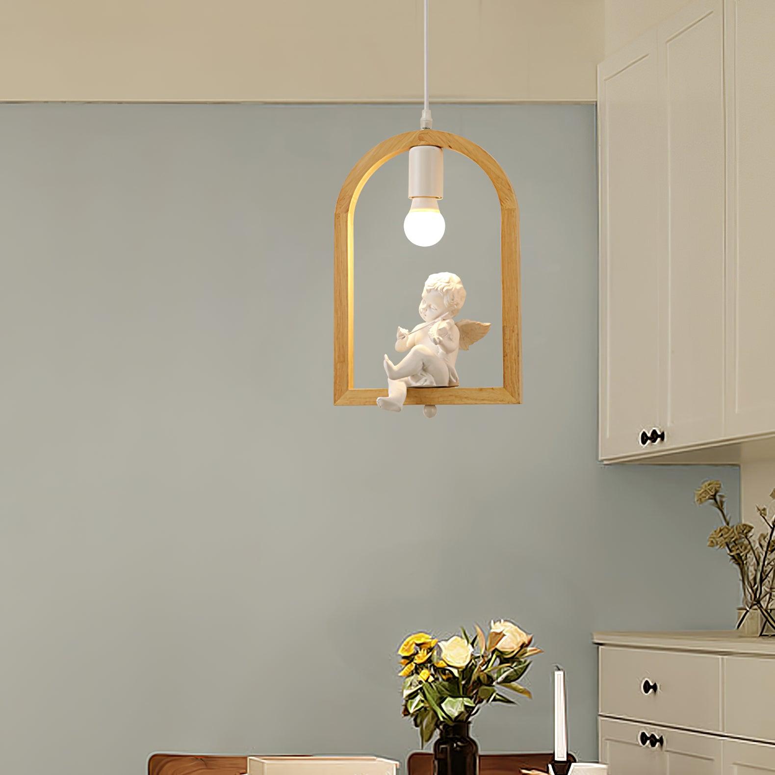 Cherub pendant above an interior table