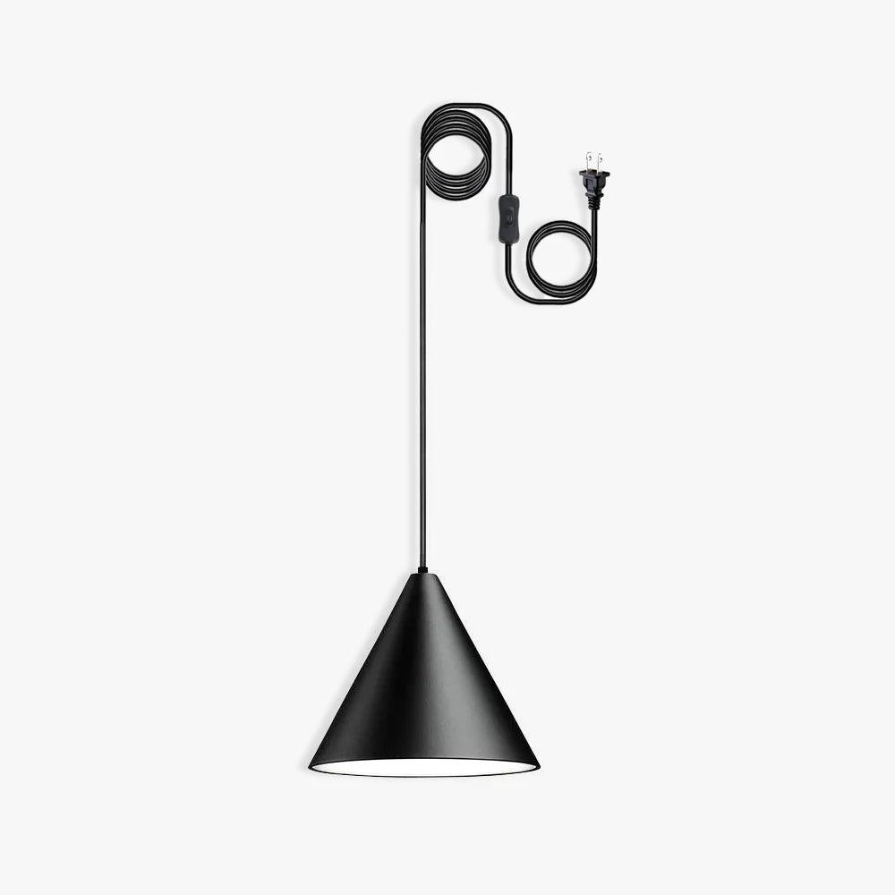 Black conical pendant with pale underside and coiled cable, inline switch and plug, shown against pale grey