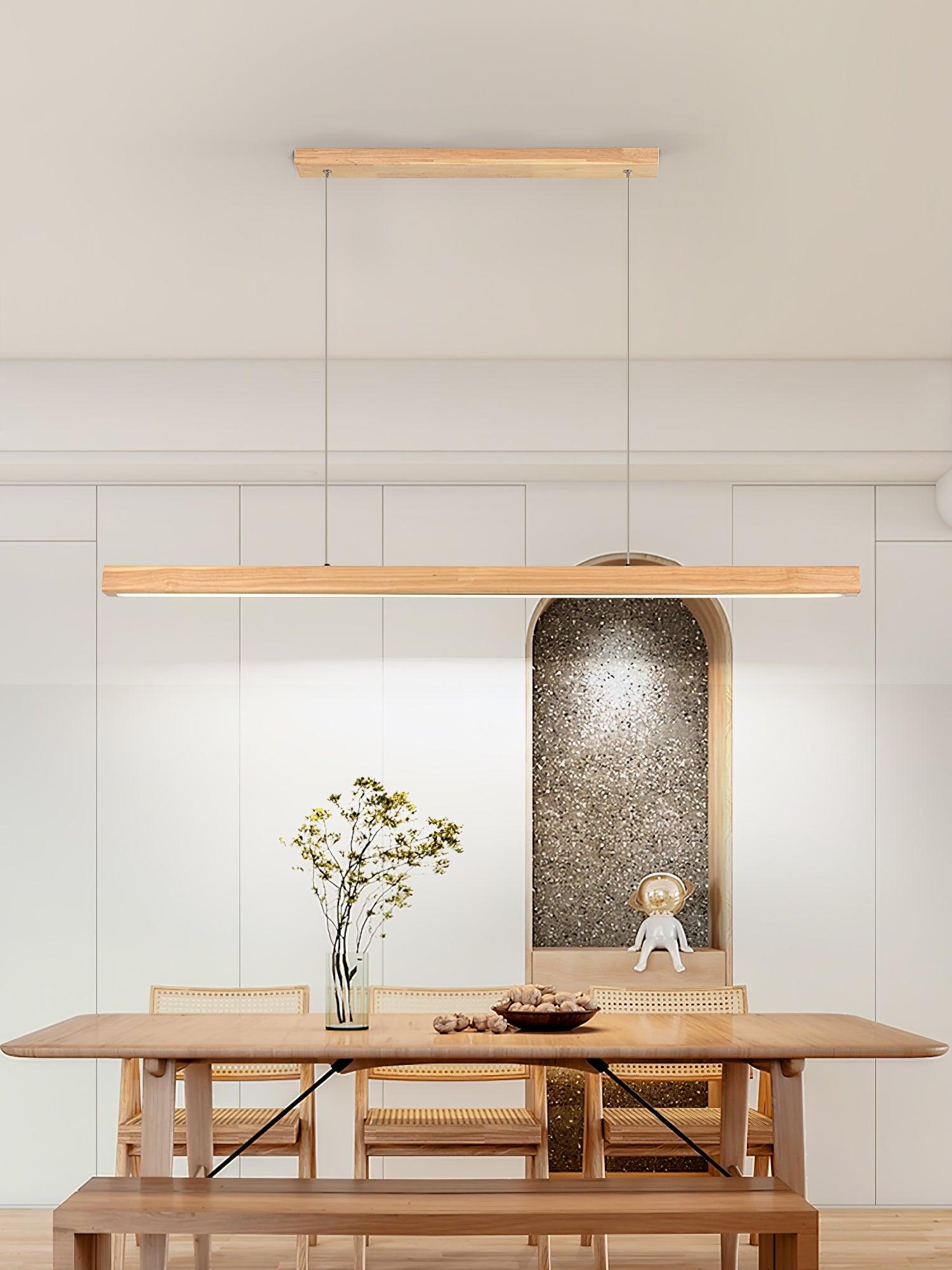 Natural wood-colour bar and matching canopy above a dining table