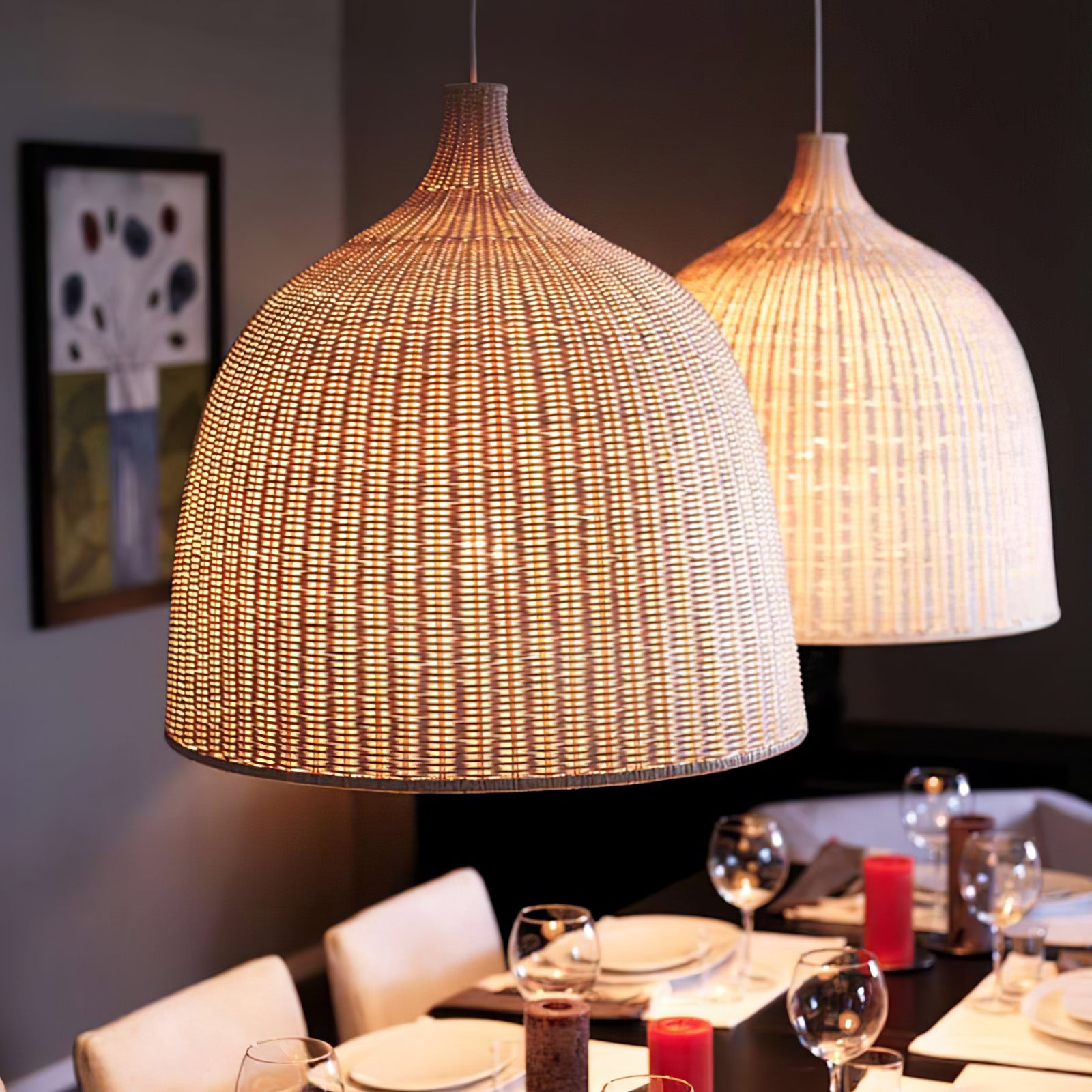 Pair of woven pendants above a set dining table