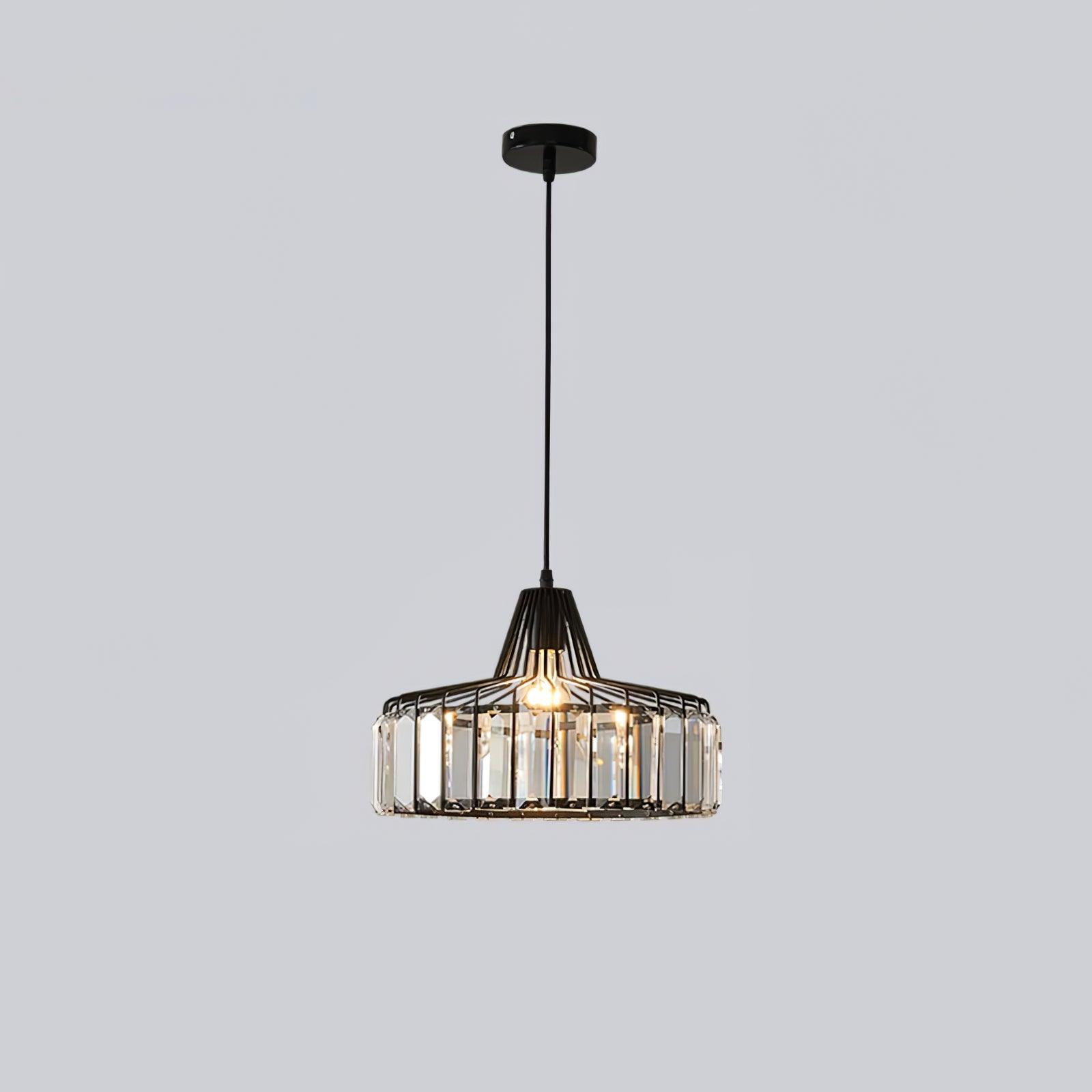 Wide black drum pendant with faceted clear glass panels