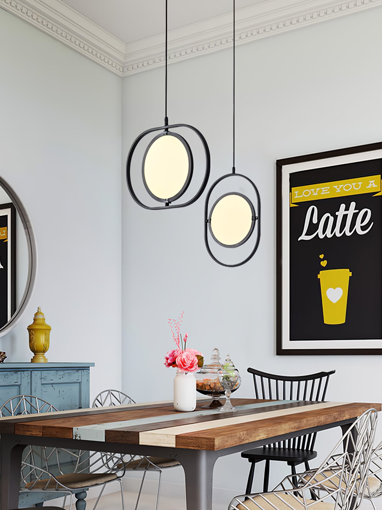 Black vertical KUU pendants over a dining table