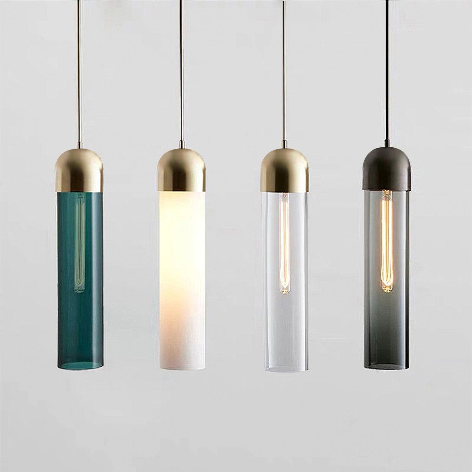 Dark green, milk white, clear and smoky glass cylinder pendant examples side by side