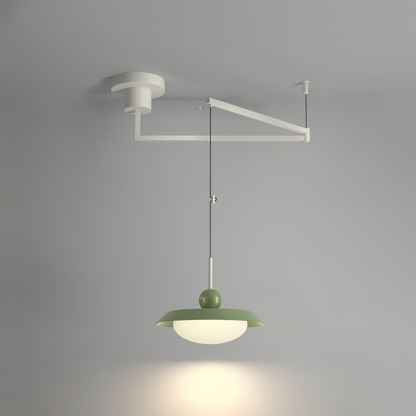 Green single-layer Morandi pendant suspended from a white ceiling swing arm
