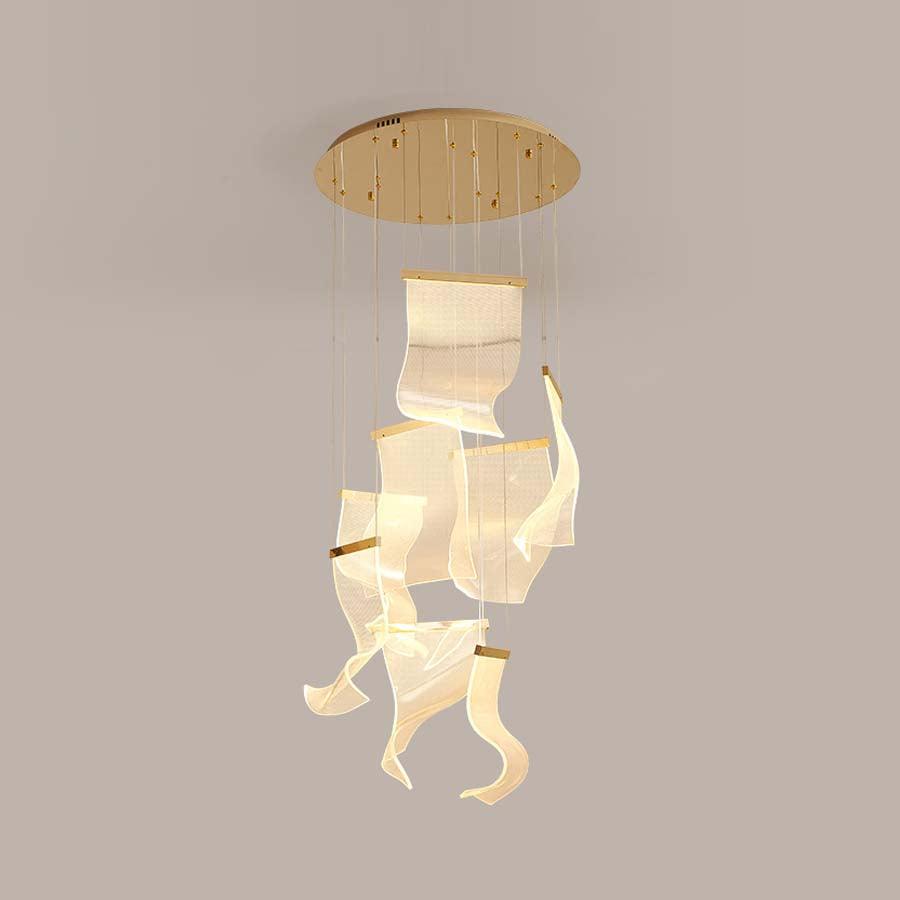 Eight illuminated acrylic waves in a long cascade below a gold-coloured canopy