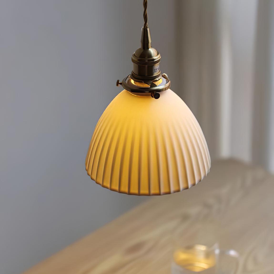 Brass Pleated Ceramic Pendant Lamp - Cueteks