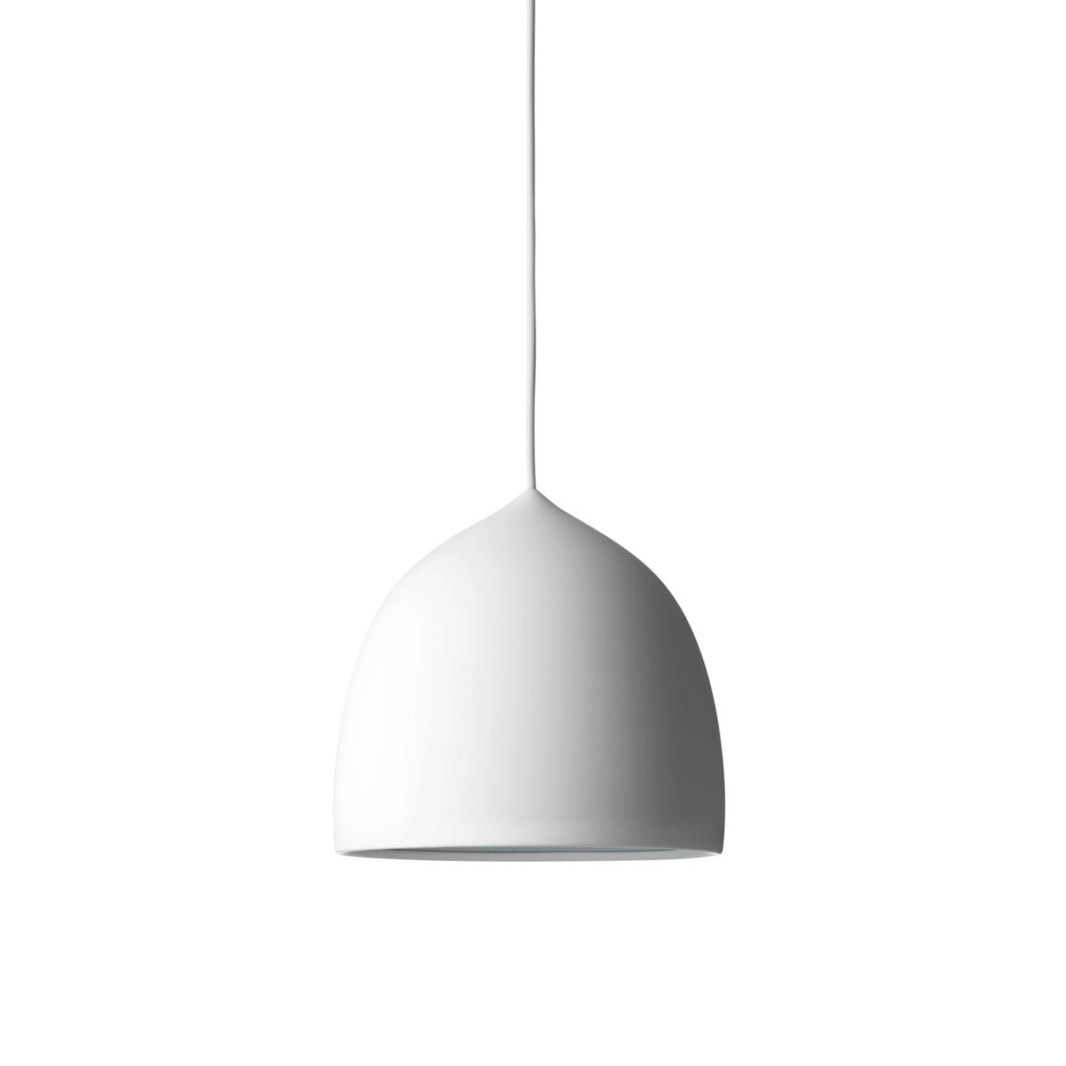 White bell pendant suspended from a light cord
