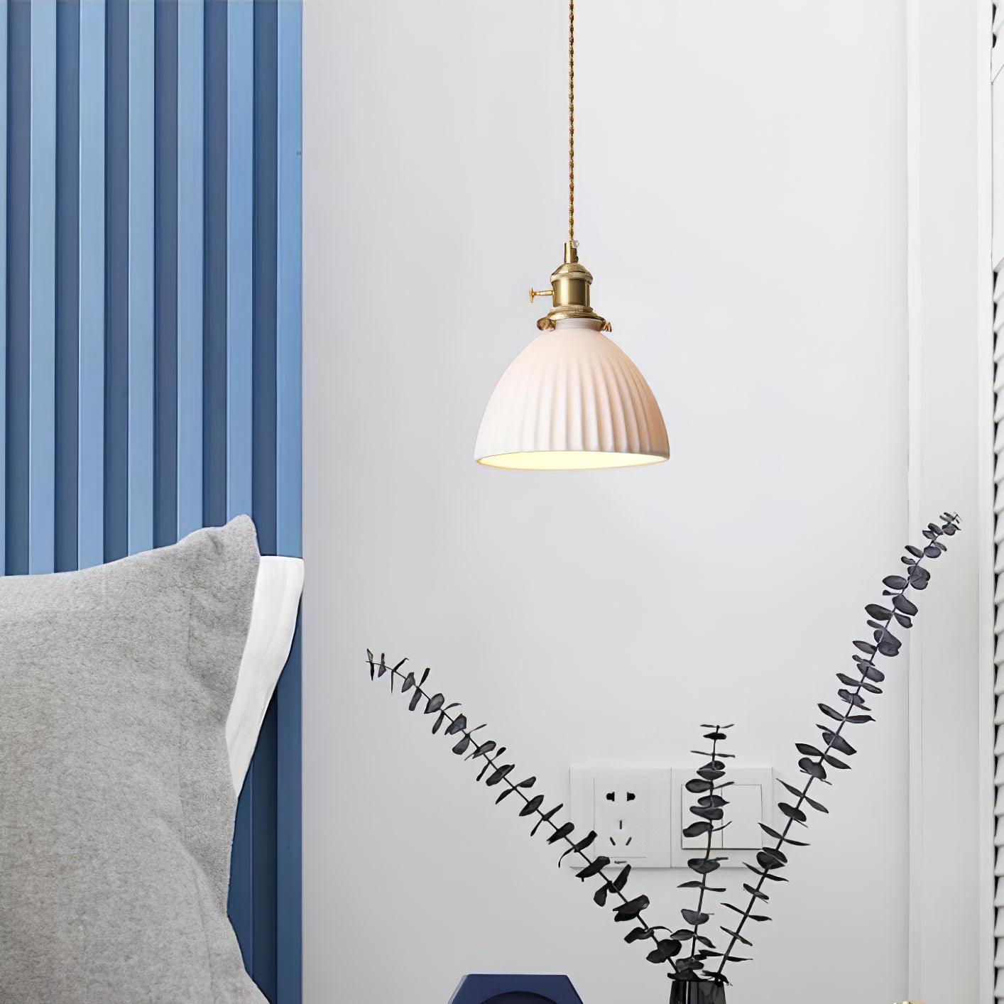 Brass Pleated Ceramic Pendant Lamp - Cueteks