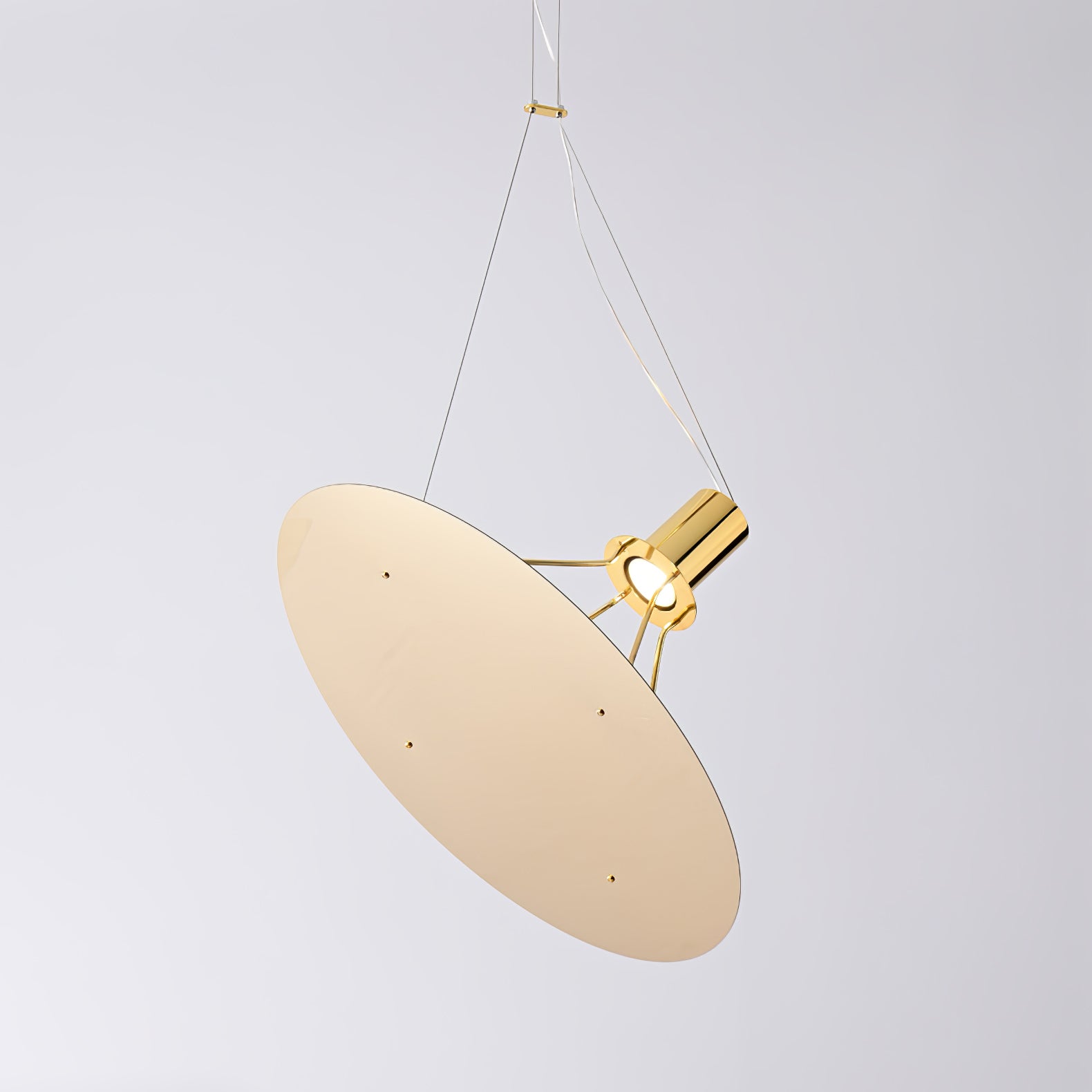 Gold head beside a tilted pale disc