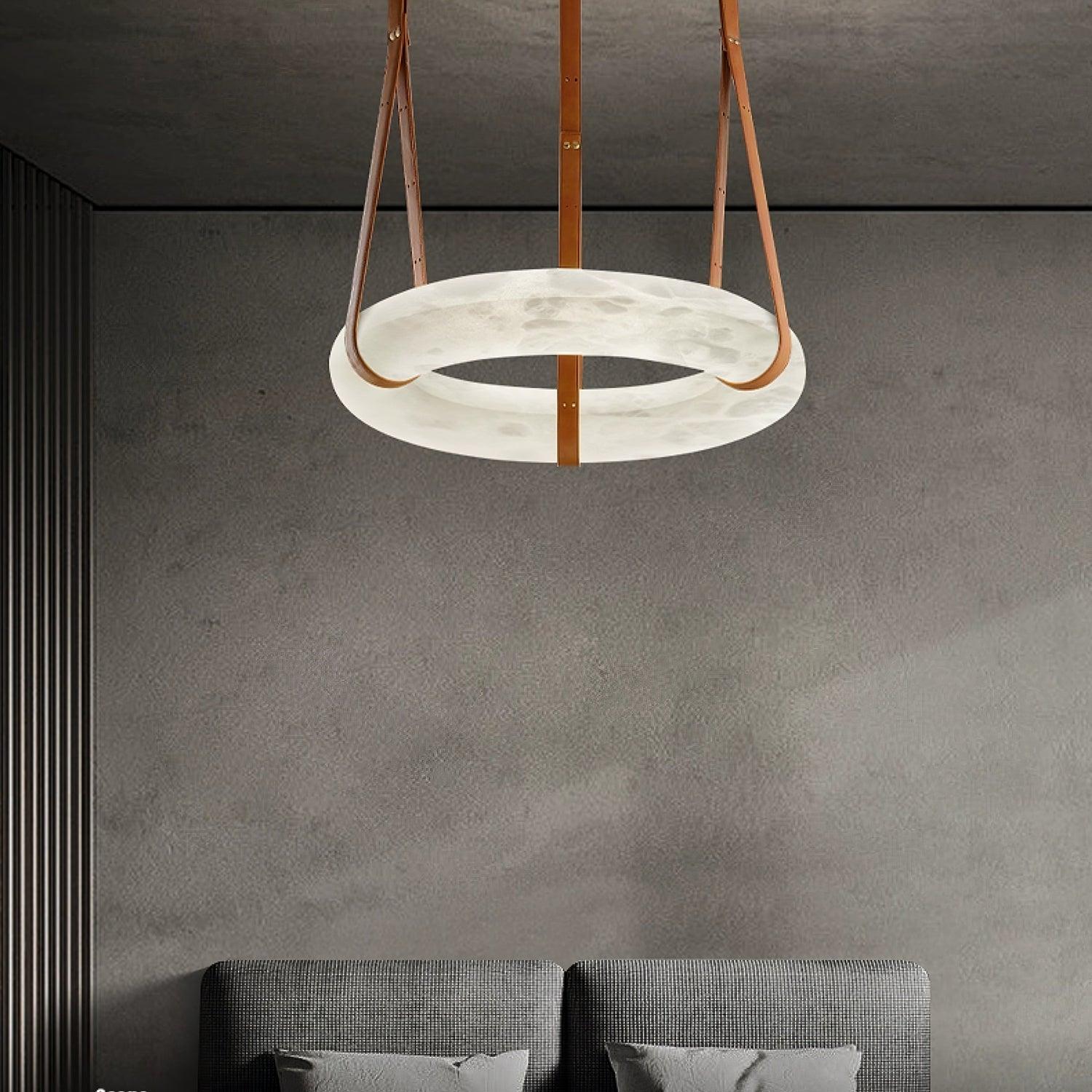 Ring pendant above grey upholstered furniture