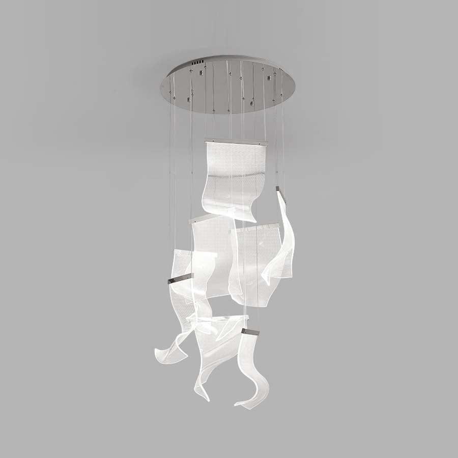 Eight wavy acrylic elements at staggered heights beneath a silver-coloured canopy