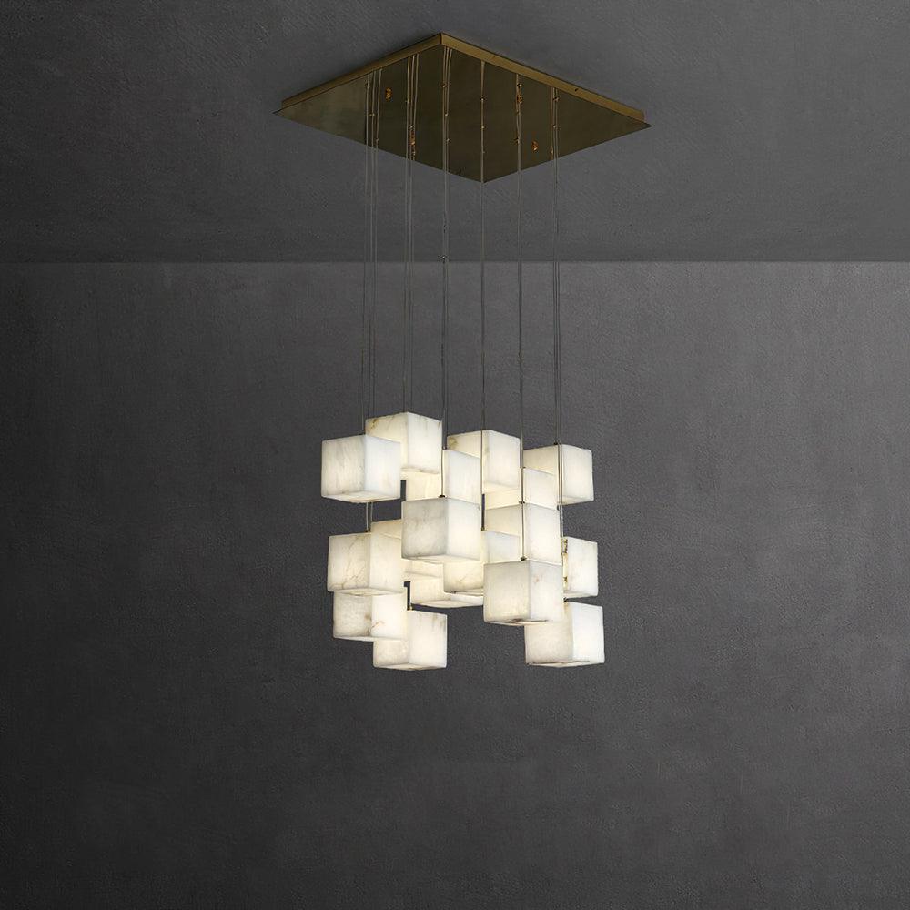 Eighteen white cube shades grouped below a rectangular gold canopy