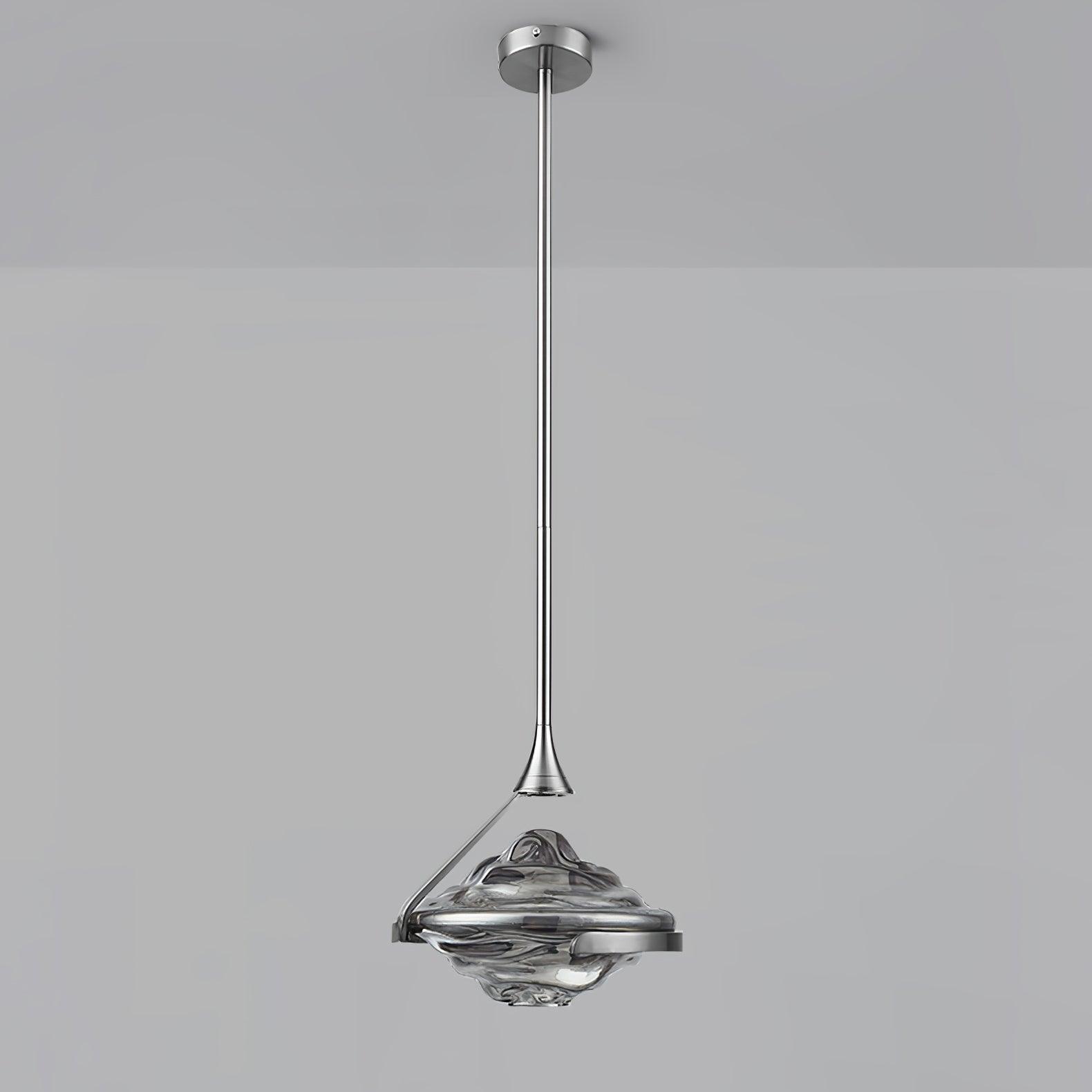 Chrome-looking rod pendant with dark smoky rippled glass in an open cradle, unlit appearance on grey