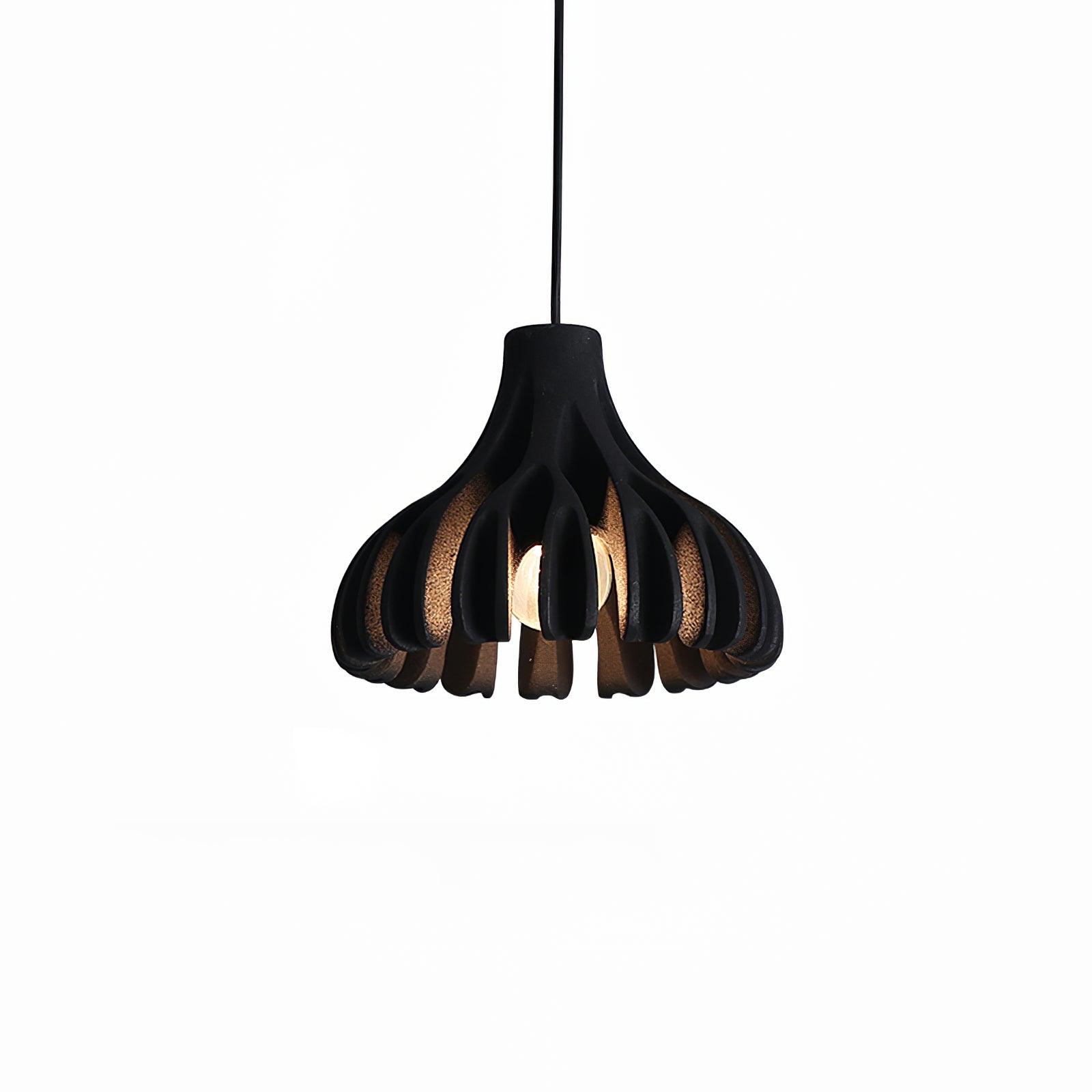 Black Coral Resin pendant with curved ribs and an exposed central bulb