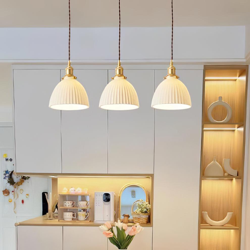 Brass Pleated Ceramic Pendant Lamp - Cueteks