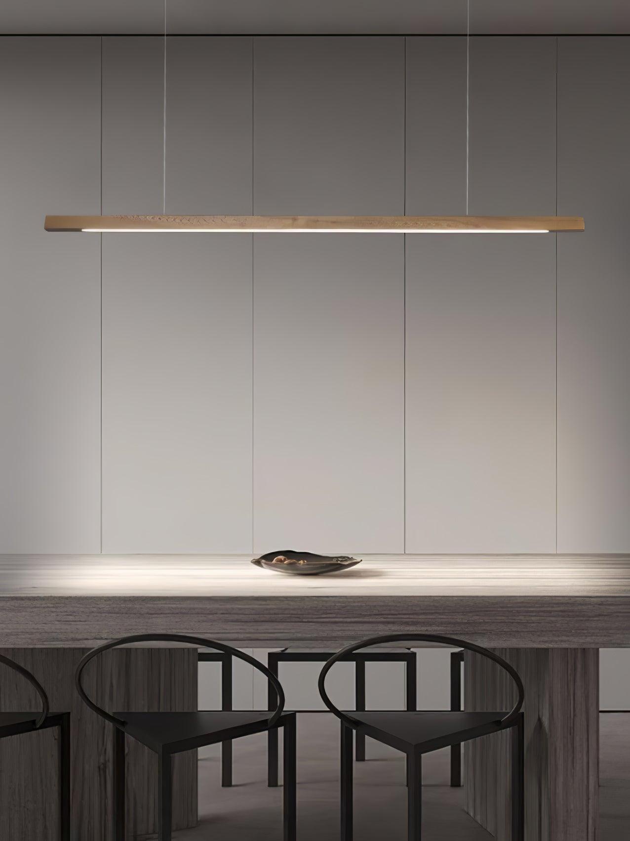 Natural wood-colour bar above a dining table