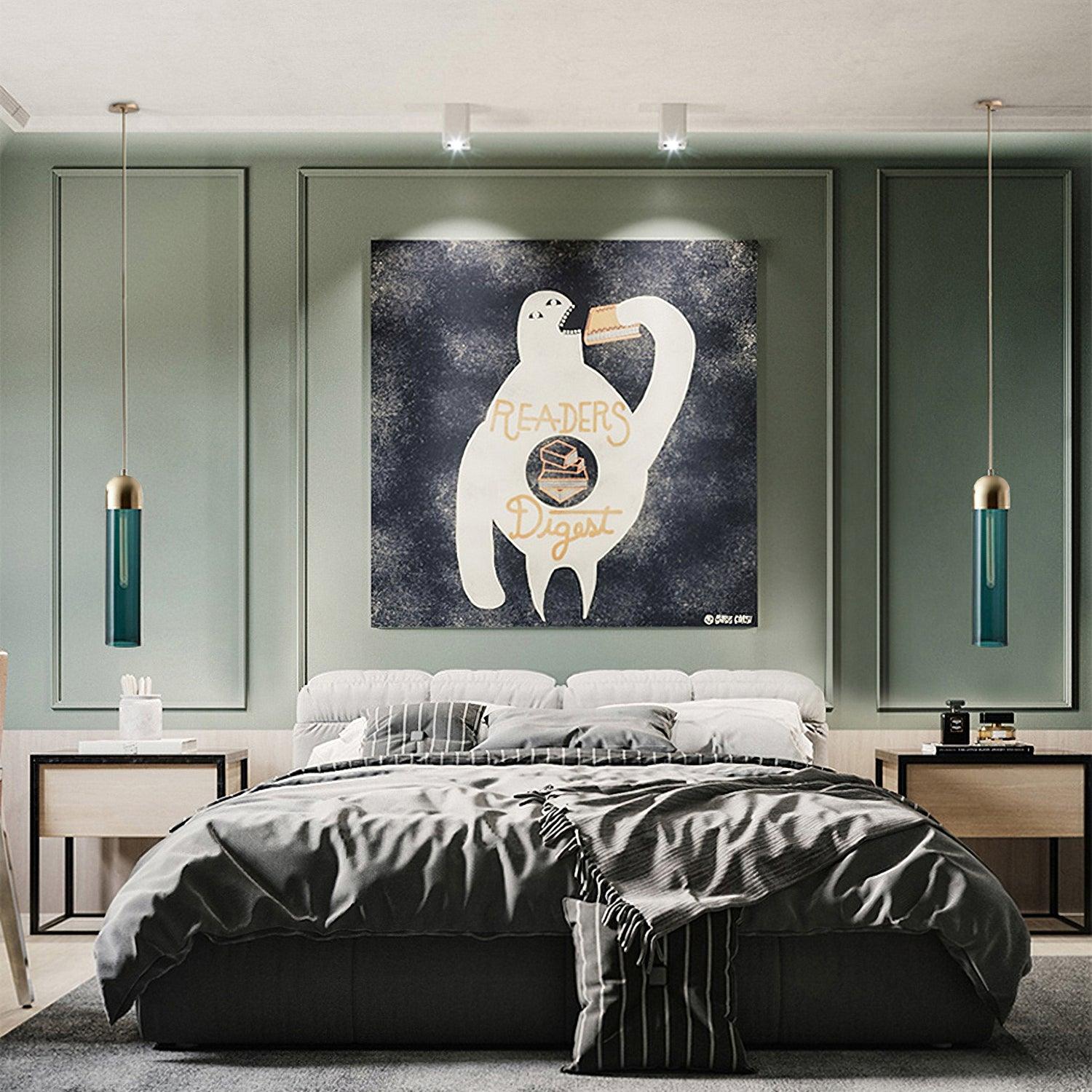 Two dark green cylindrical glass pendants flanking a bed against a green panelled wall