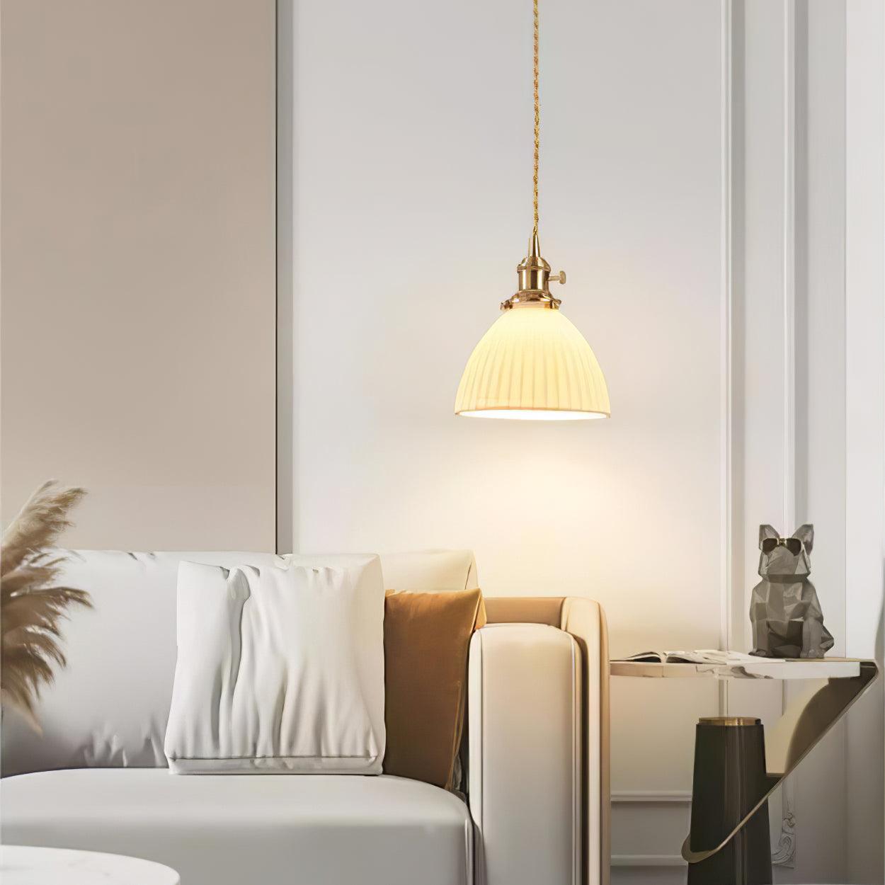 Brass Pleated Ceramic Pendant Lamp - Cueteks