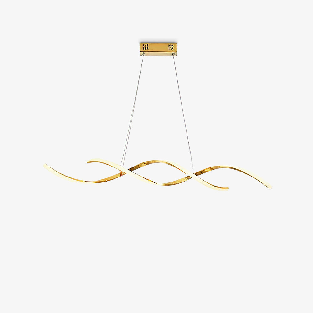 Front view of gold crossing wave ribbons suspended on fine wires from a rectangular canopy