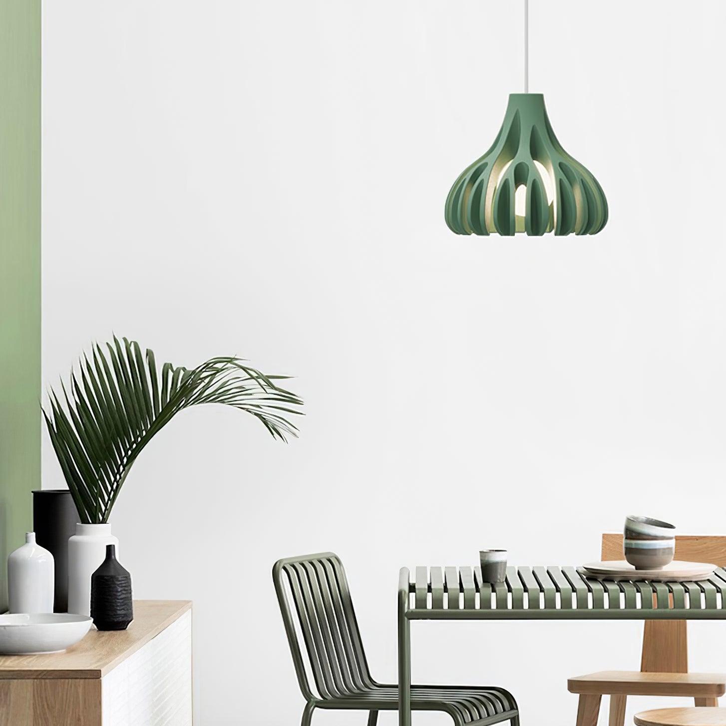 Green open shade above an interior table