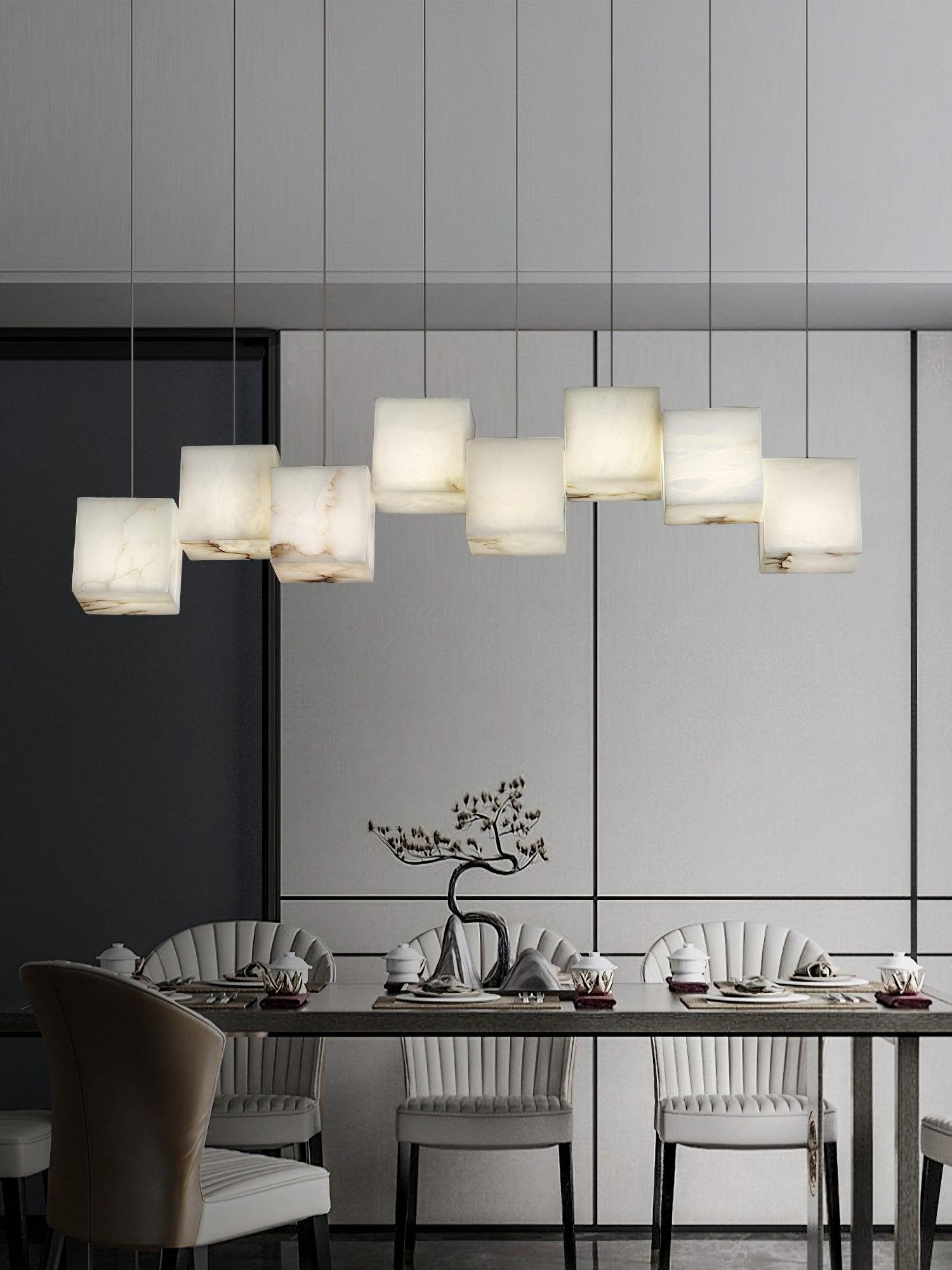 Cube pendant row in an indoor setting