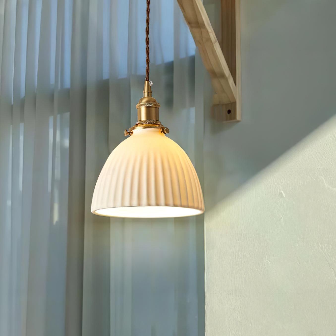 Brass Pleated Ceramic Pendant Lamp - Cueteks