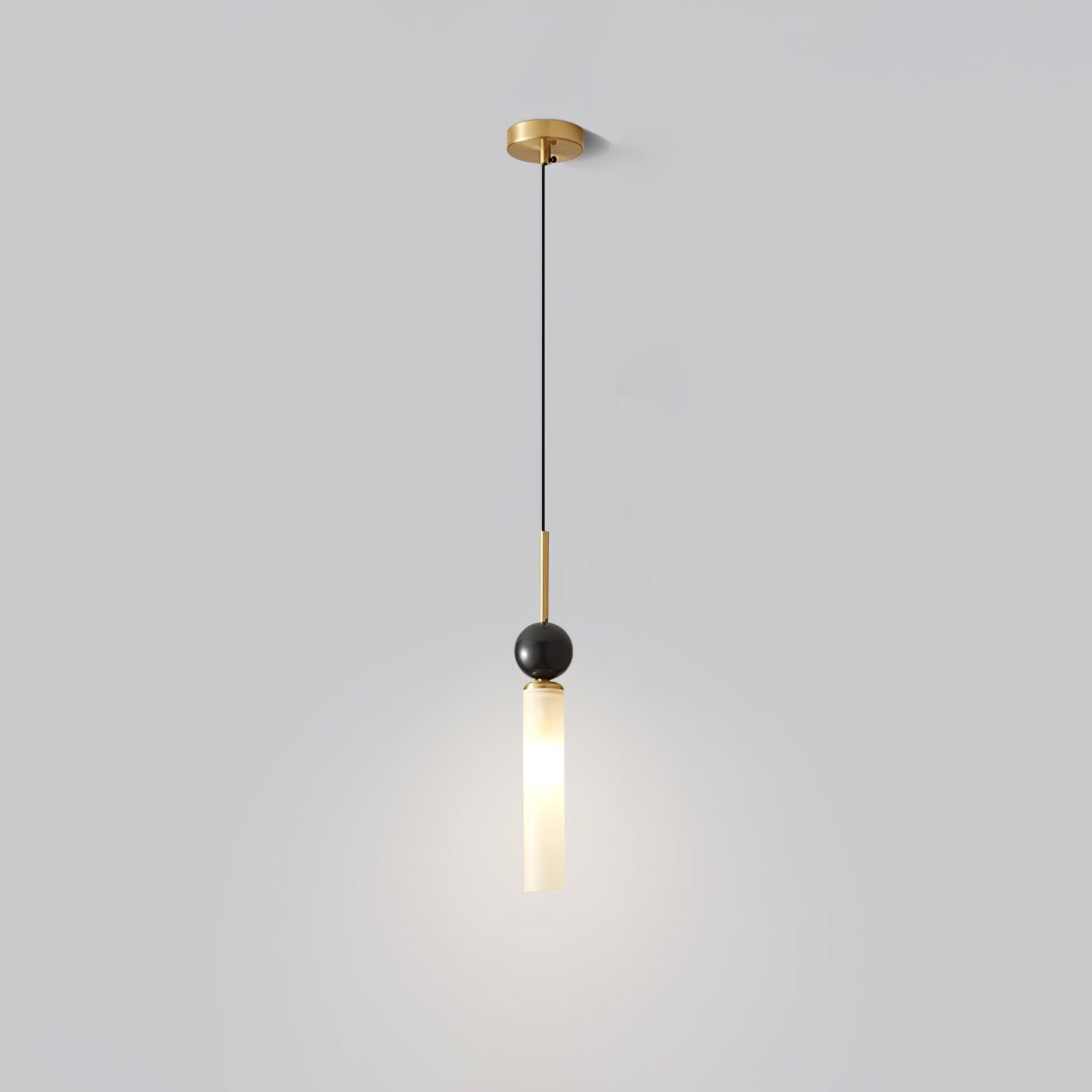 One-head Brass & White option, with brass-tone canopy and stem, black cable, dark sphere and white tube