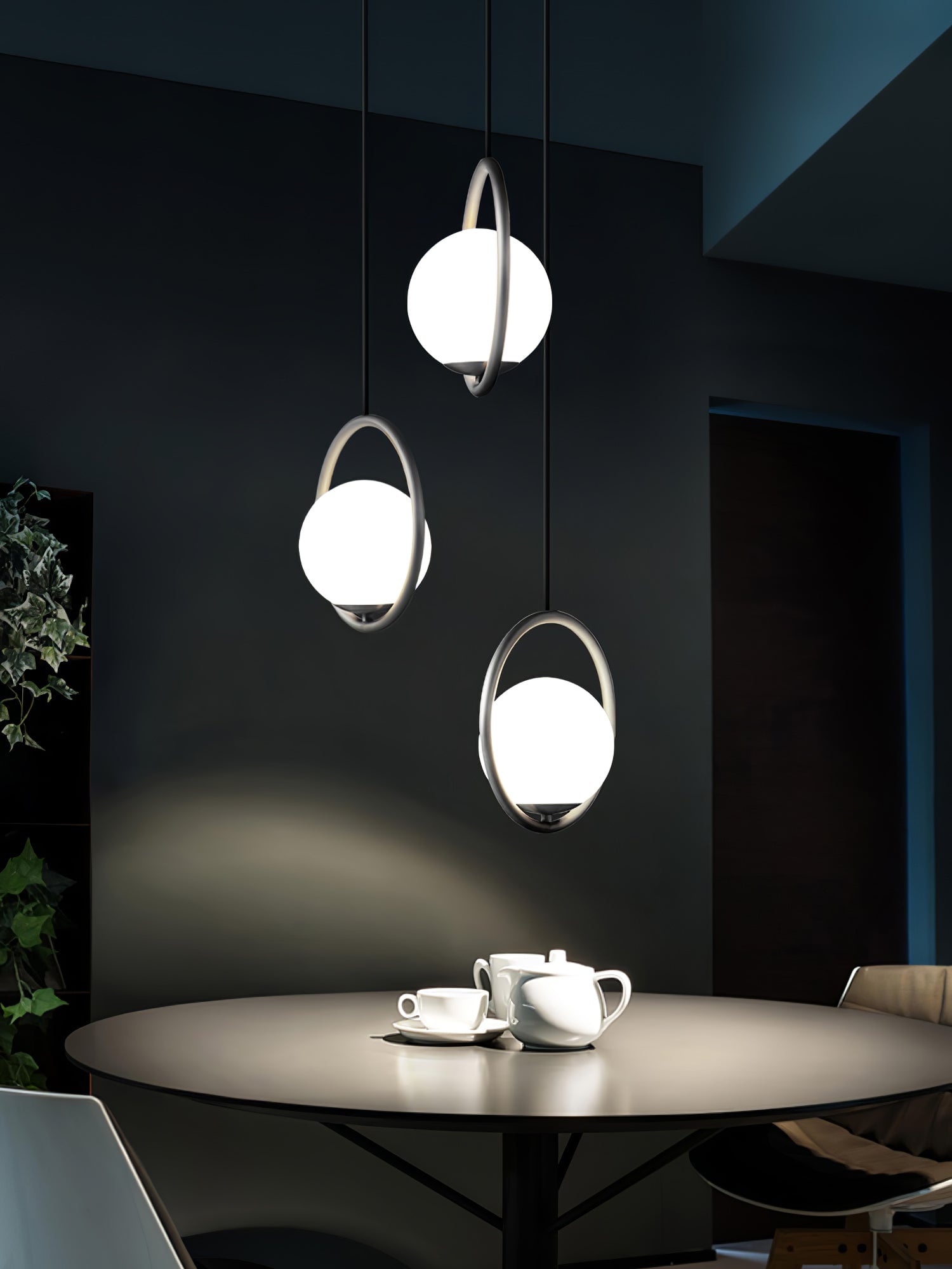 White globes in dark circular frames over a small table