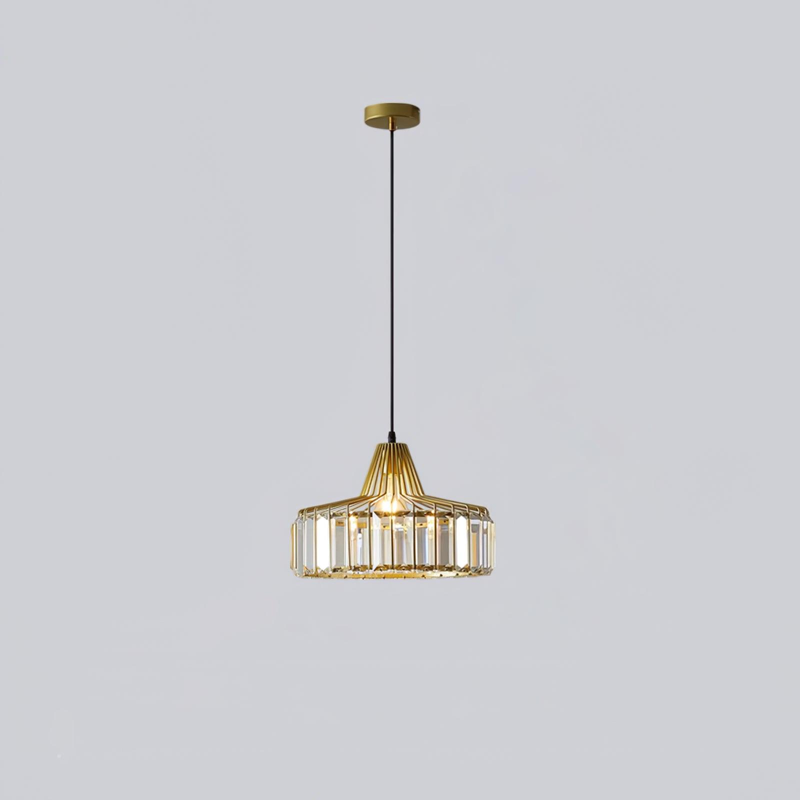Gold-coloured pendant with long suspension and round canopy