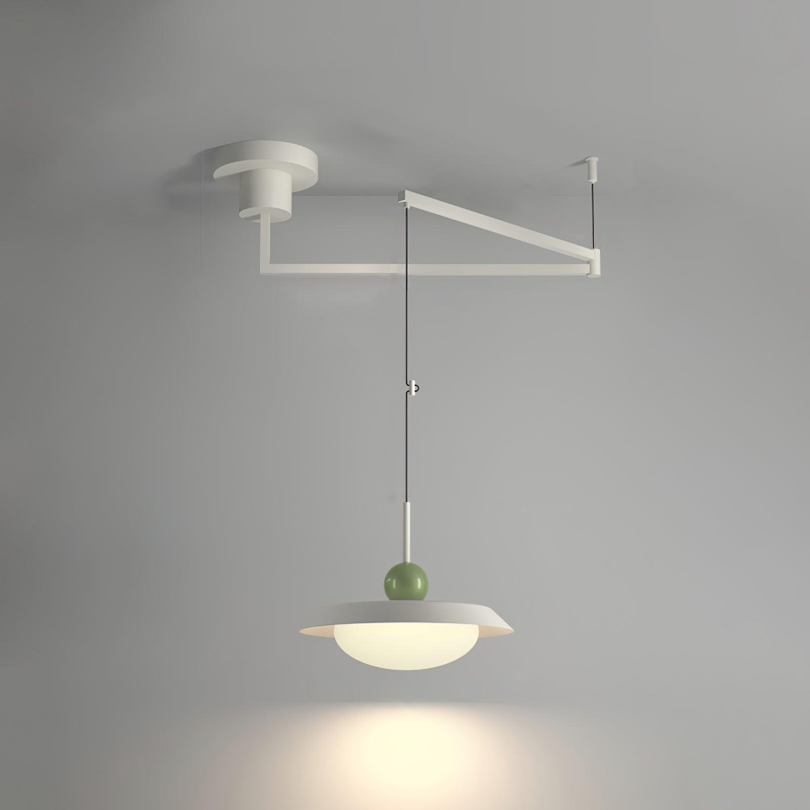 White single-layer Morandi pendant with a green sphere on a white ceiling swing arm