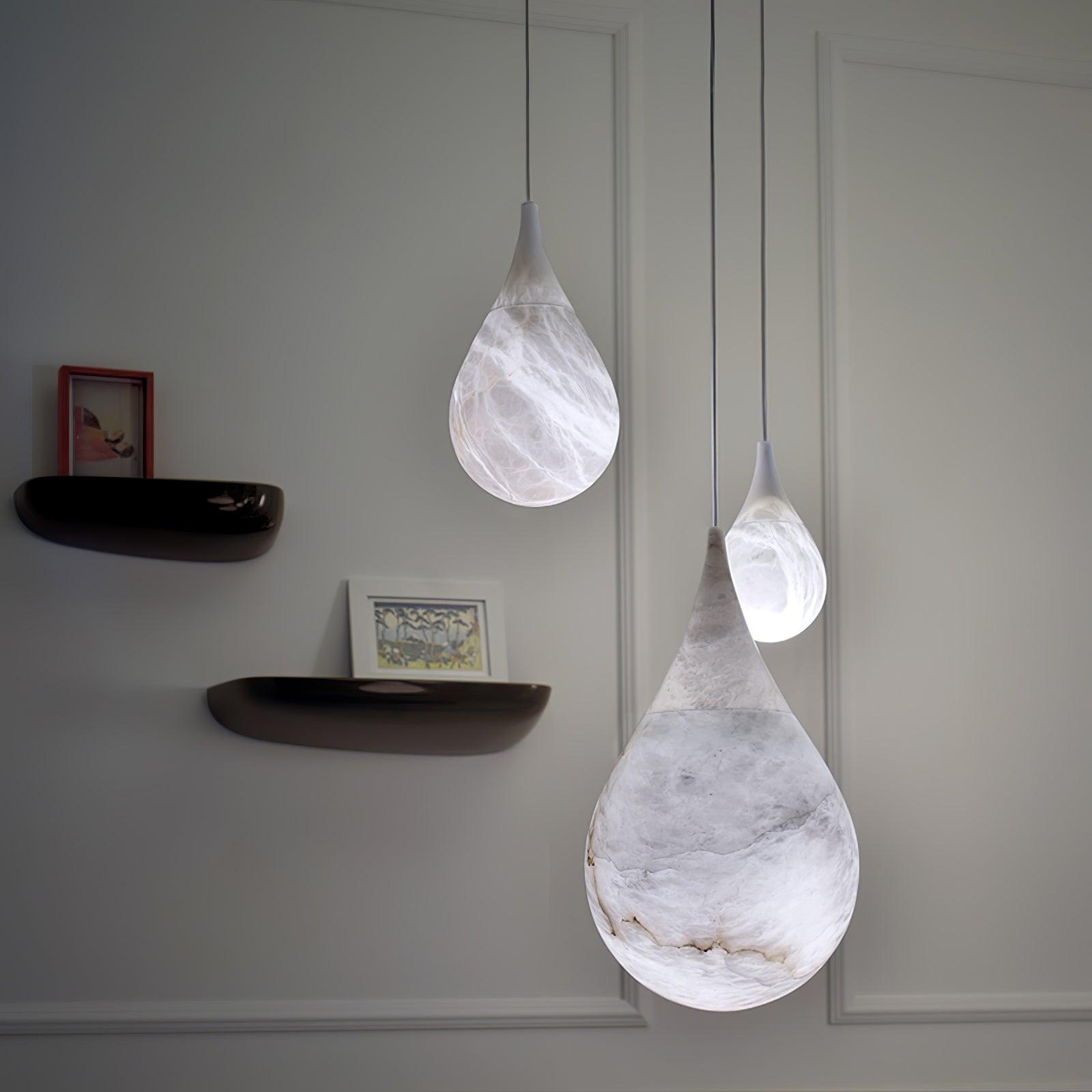Grouped marble droplets beside small wall shelves